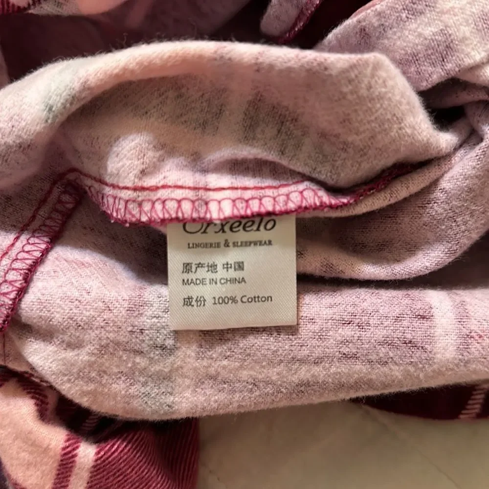 Erxeelo 12-14 Burgundy Pink Plaid Flannel 💯Cotton Pajama Sleep Long Sl Shirt